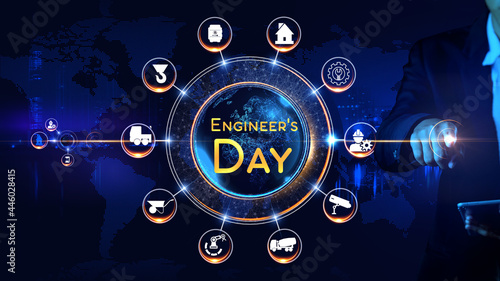 Engineer's Day   15 September 
Rotating wheel with engineering icon surrounded by city Center and spoke Concept