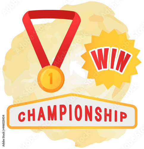 Gold medal on red ribbon conceptual of award for victory winning first placement, winner symbol achievement or quality. Prize to victor of sport competition taking first place leader in championship