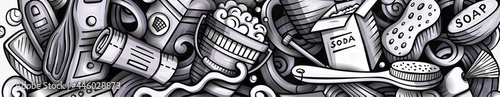 Cleaning hand drawn doodle banner. Cartoon vector detailed flyer.