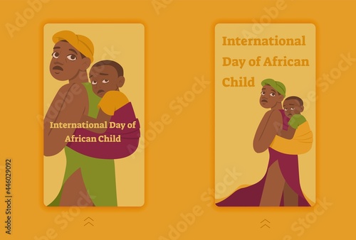 International Day of the African Child stories templates with african familly - mother and her child. Raising an awareness of the need for improvement of the protection provided to African children.