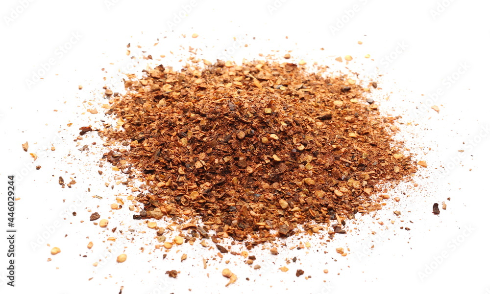 Sliced red spicy pepper pile, chopped paprika isolated on white background Sliced red spicy pepper pile, chopped paprika isolated on white background