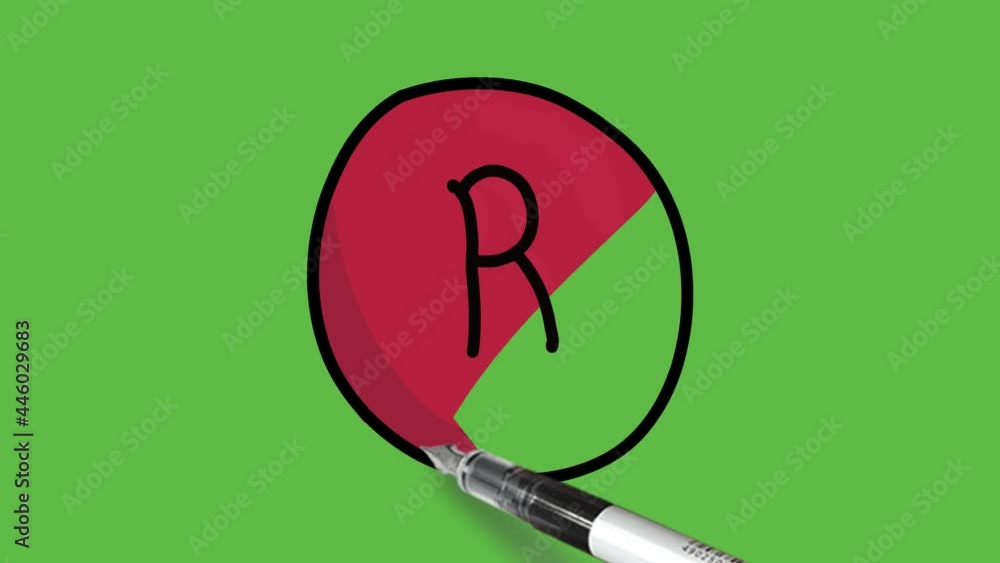 Drawing alphabet R with black pen and black outline in red colour ...