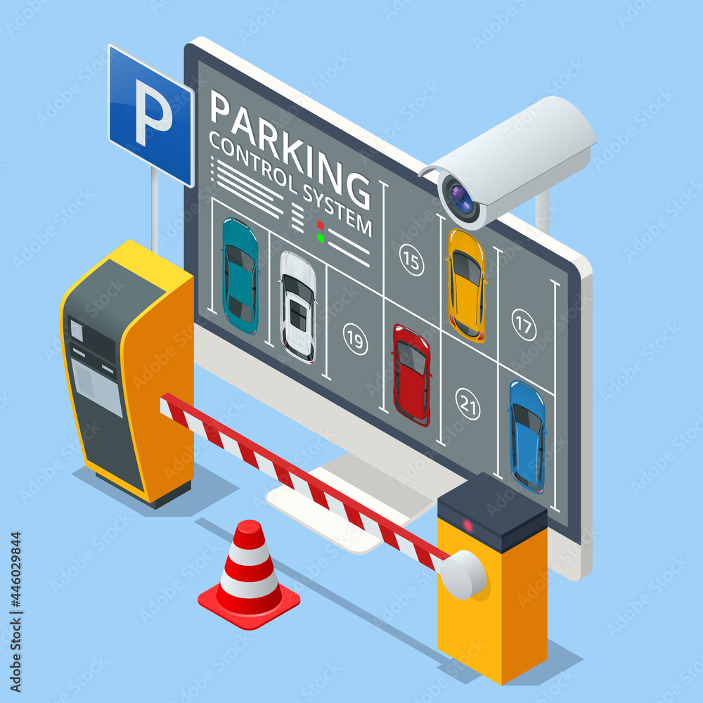 Isometric parking lot displayed on screen. Car park location. Online searching free parking place on the map. GPS Navigation. Smart parking concept with parking lot with cars vehicle carpark map. - obrazy, fototapety, plakaty 