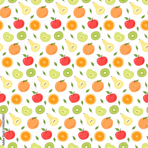 Fototapeta Naklejka Na Ścianę i Meble -  Seamless repeating pattern of fruits, whole and cut. Pears, apples, peaches and oranges, kiwi. Isolated colored cartoon objects on a white background.
