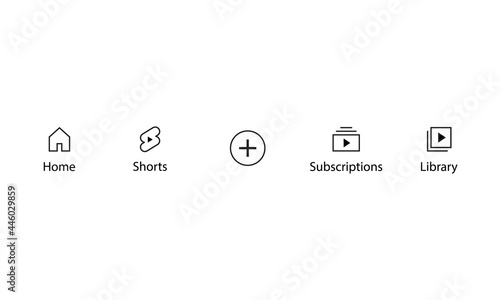 Home, Shorts, Create, Subscriptions, and Library. Icon Set of Streaming App. Vector Illustration