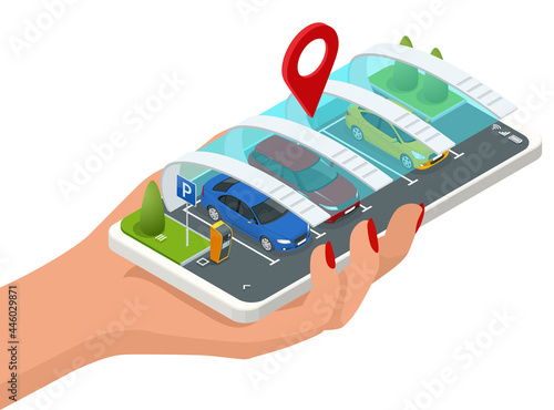 Isometric parking lot displayed on screen. Car park location on Smartphone. Smartphone application for online searching free parking place on the map. GPS Navigation.