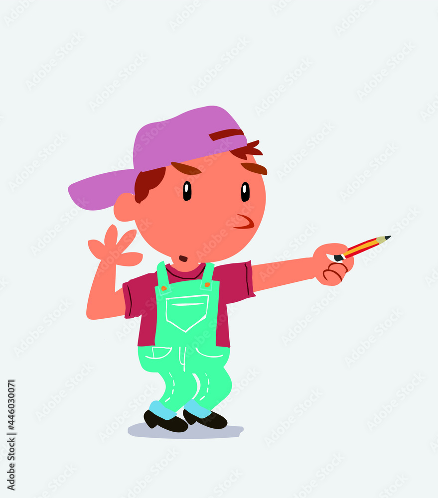 cartoon character of little boy on jeans doubts while pointing to the side with a pencil