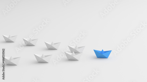 Leadership concept, blue leader boat leading white boats, on white background. 3D Rendering