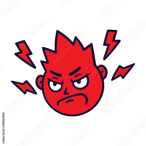 Round abstract face with angry emotion. Mad emoji avatar. Portrait of a grumpy man. Cartoon style. Flat design vector illustration.