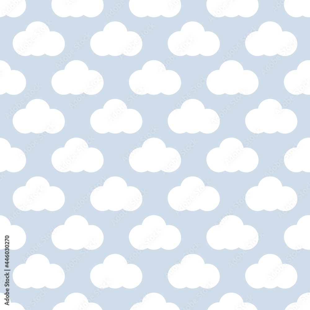 Seamless pattern with white clouds on sky. Kids print. Vector backdrop