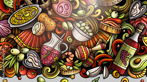 Spain hand drawn doodle banner. Cartoon vector detailed flyer.