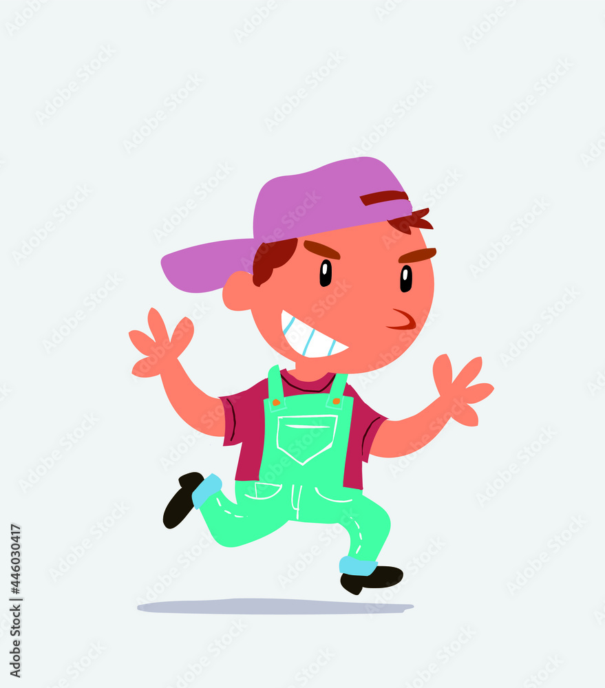 cartoon character of little boy on jeans running very pleased