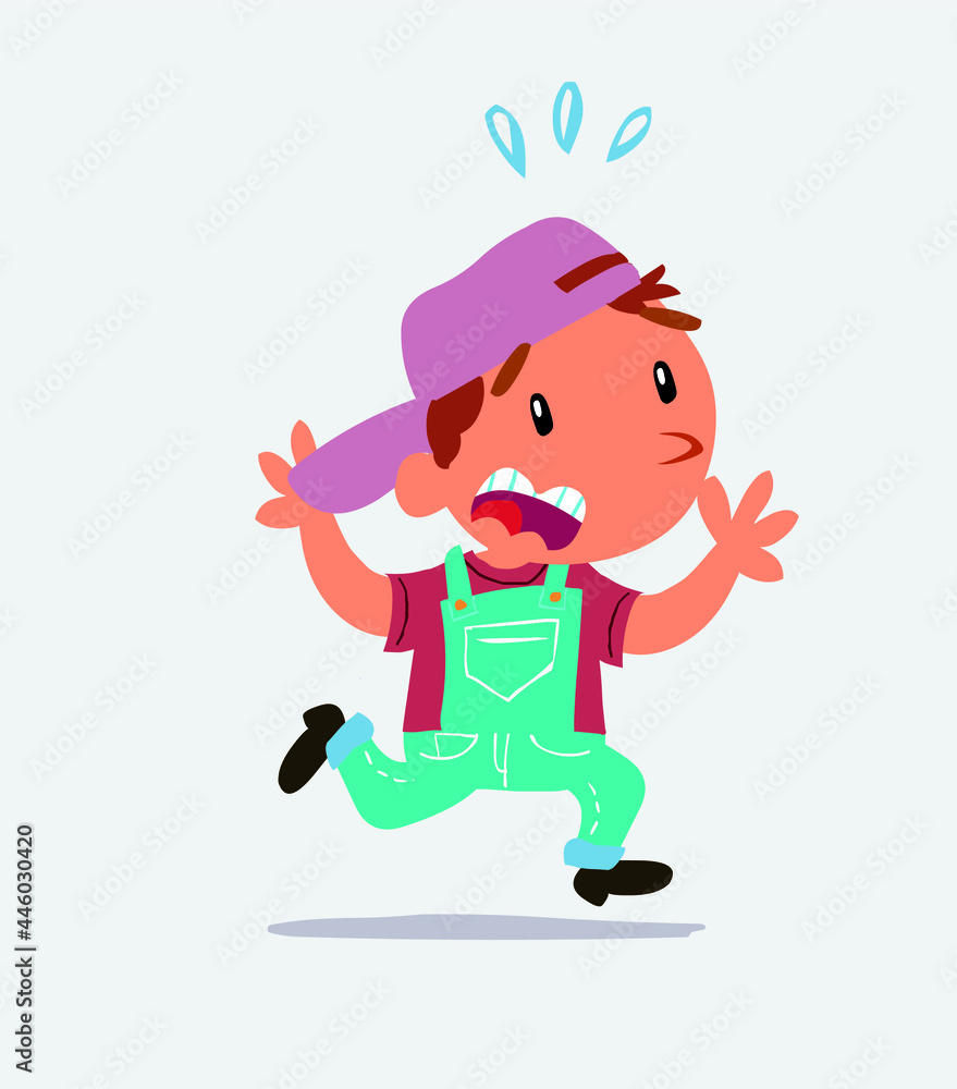 cartoon character of little boy on jeans runs away in terror. cartoon character of little boy on jeans runs away in terror.