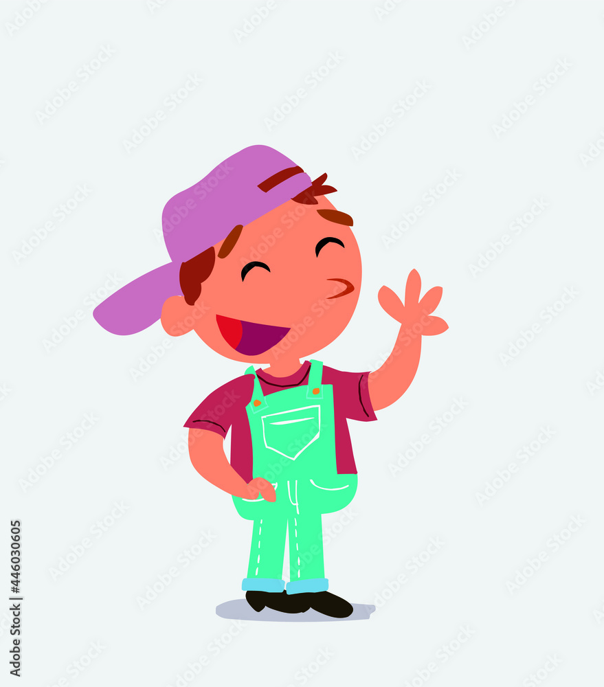 cartoon character of little boy on jeans waving informally while smiling cartoon character of little boy on jeans waving informally while smiling