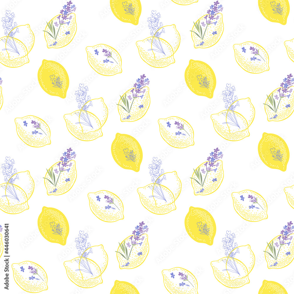 Floral background with hand-drawn lavender flowers and lemons. Vector illustration on white.Perfect for design templates, wallpaper, wrapping, fabric and textile. - obrazy, fototapety, plakaty 