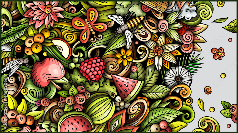 Summer nature hand drawn doodle banner. Cartoon vector detailed flyer.