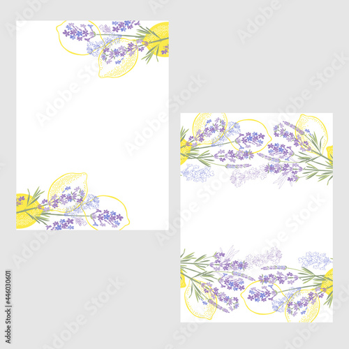 Pre-made design on the Mediterranean theme with lemons and lavender and place for text. Vector layout decorative greeting card or invitation design background. Two different options.