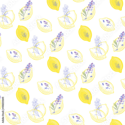 Floral background with hand-drawn lavender flowers and lemons. Vector illustration on white.Perfect for design templates, wallpaper, wrapping, fabric and textile.