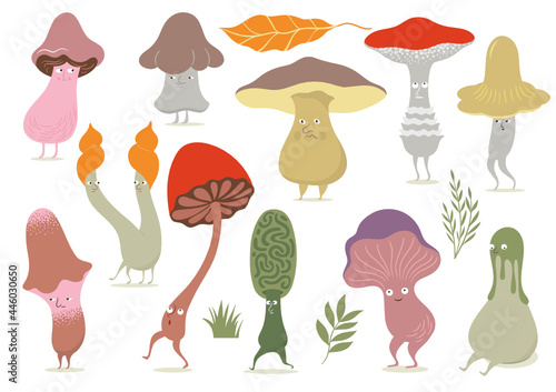 Collection of Vector whimsical Mushrooms, fairy tale flora, game design elements fictional plants , isolated cartoon characters on white background