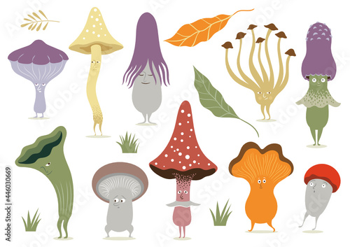 Collection of Vector whimsical Mushrooms, fairy tale flora, game design elements fictional plants	, isolated cartoon characters  on white background