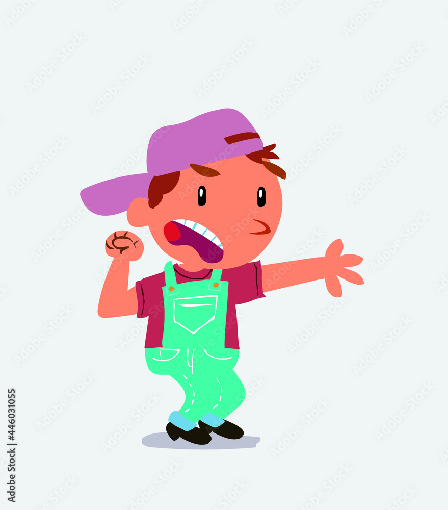 Very angry cartoon character of little boy on jeans pointing at something