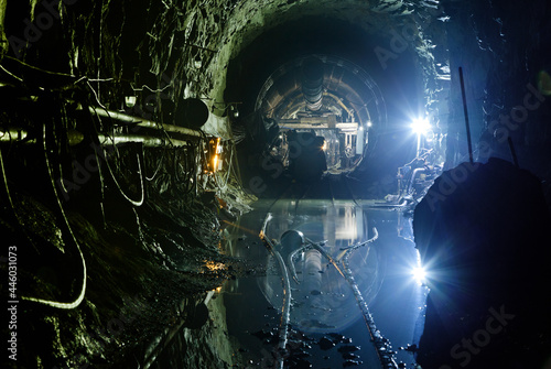 Abandoned subway tunnel construction. Deep metro line construction. Old mine for the construction of the subway