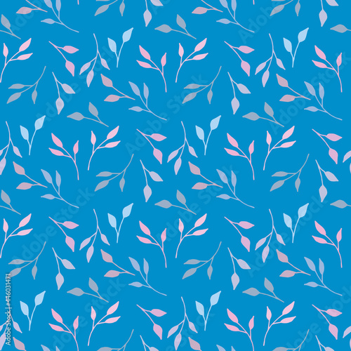 Seamless pattern with light pink  lilac and blue branches on blue background. Vector image.