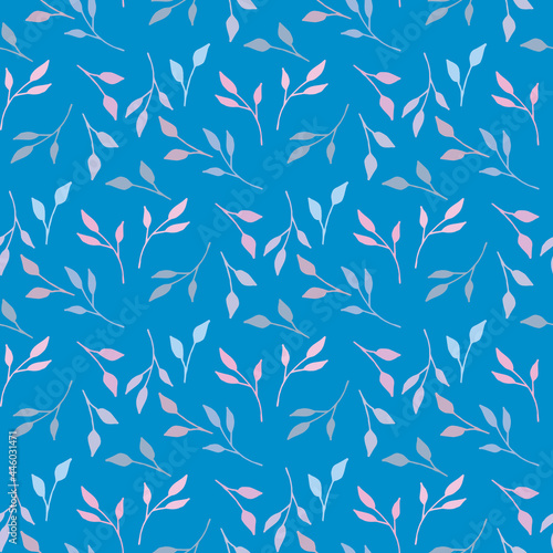 Seamless pattern with light pink, lilac and blue branches on blue background. Vector image.