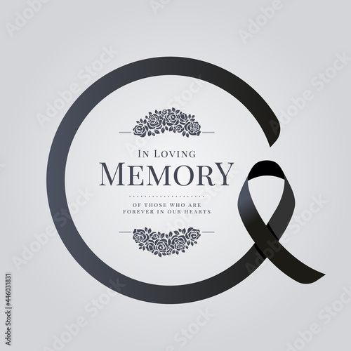 In loving memory of those who are forever in our hearts text and rose bouquets in black ribbon sign roll circle frame vector design photo
