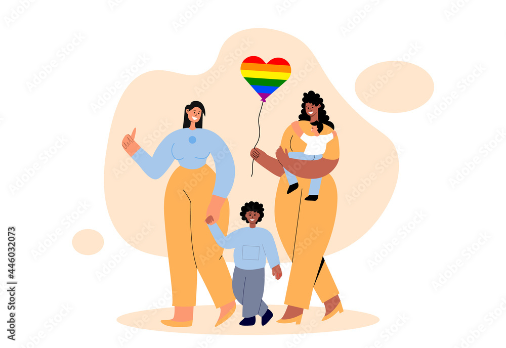 Interracial Lesbian couple with kids. Gay parents walk with their adopted children and express love and care. Wife and wife together. Same sex LGBTQ family. Pride month concept. Flat design. Interracial Lesbian couple with kids. Gay parents walk with their adopted children and express love and care. Wife and wife together. Same sex LGBTQ family. Pride month concept. Flat design.