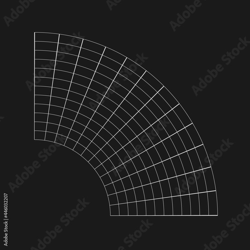 Retrofuturistic bent semicircular grid. Cyber design element. Grid in cyberpunk 80s style. Cyber geometry for poster, cover, flyer, merch in retrowave style. Vector