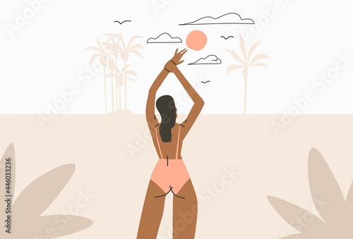 Hand drawn vector abstract stock graphic summer time cartoon,minimalistic style illustrations print with bohemian beautiful girl sunbathes and relax on the sunset beach,isolated on color background.