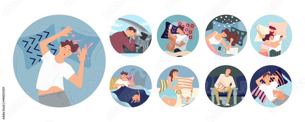 Set of different people sleeping in various situations. Set of different people sleeping in various situations.