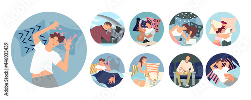 Set of different people sleeping in various situations.