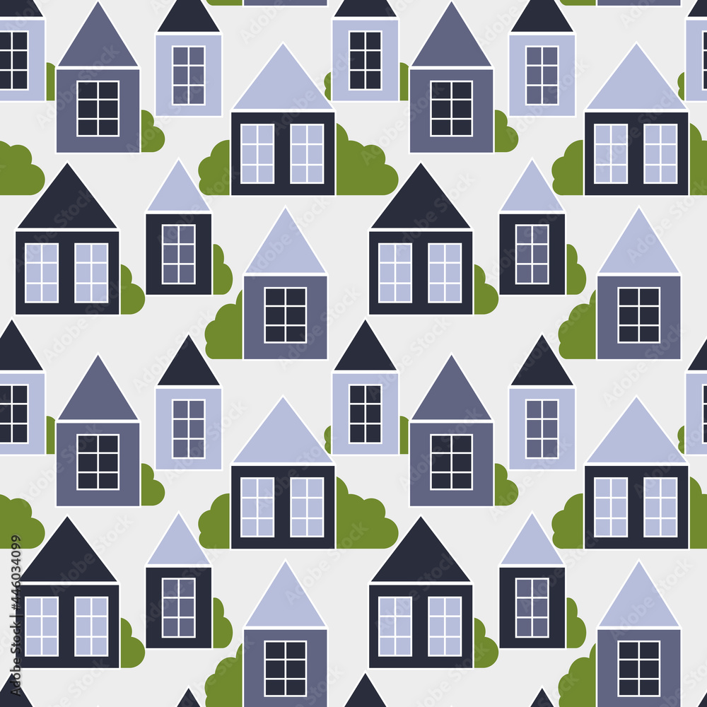 Cute houses seamless pattern, vector illustration. Baby wallpaper, background for packaging or interior design. Simple city building, continuous template.
