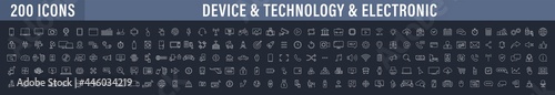 Big set of 200 Technology and Electronics and Devices web icons in line style. Device, phone, laptop, communication, smartphone, ecommercem, network, business, media. Vector illustration.