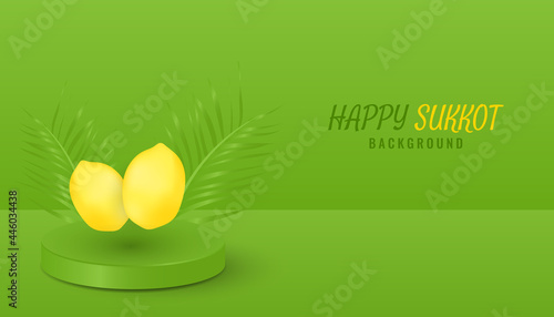 3d realistic happy sukkot background banner design with podium, etrog, and palm leaves vector illustration