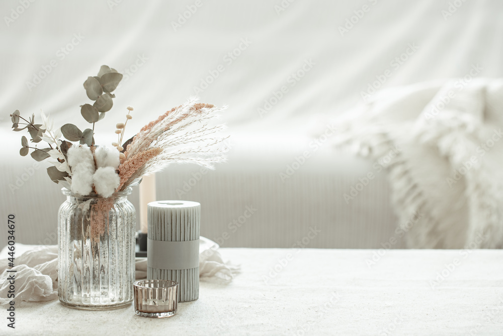 Obraz premium Stylish details of interior decor on a blurred background copy space.