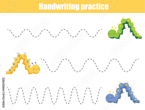 Handwriting practice sheet with funny insects. Educational children game. Tracing lines. early education worksheet for kids