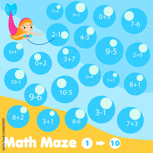 Educational children game. Mathematics maze. Labyrinth with equations from one to ten. Help mermaid count