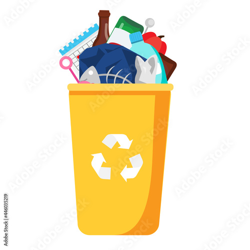 Garbage can with trash inside. Bin and plastic, glass, organic waste