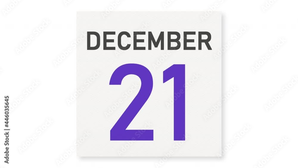December 21 date behind torn page of a calendar, 3d animation December 21 date behind torn page of a calendar, 3d animation