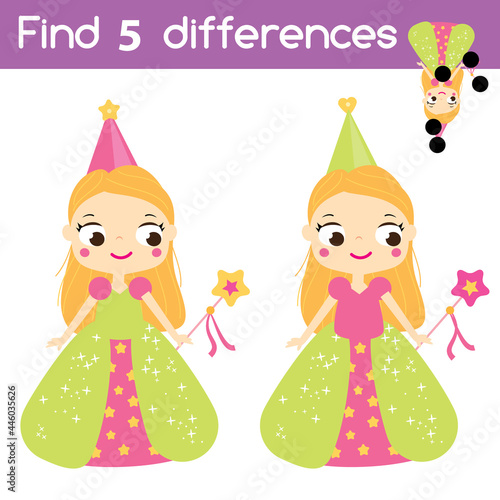 Find the differences educational children game. Kids activity with fairy princess girl