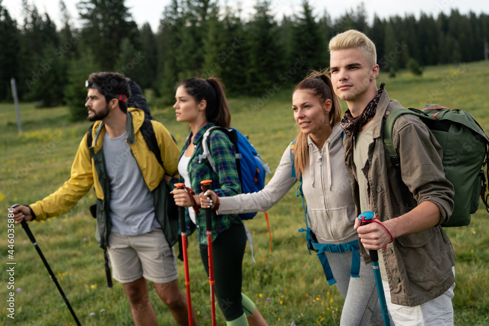Group of friends trekking with backpacks walking in the forest Group of friends trekking with backpacks walking in the forest