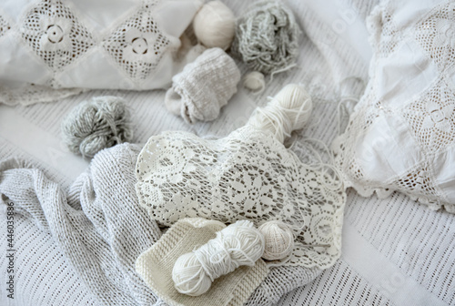 Close-up of crochet threads and handmade products.