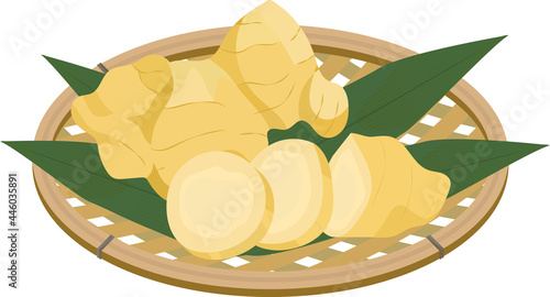 Illustration of sliced ginger on a basket.