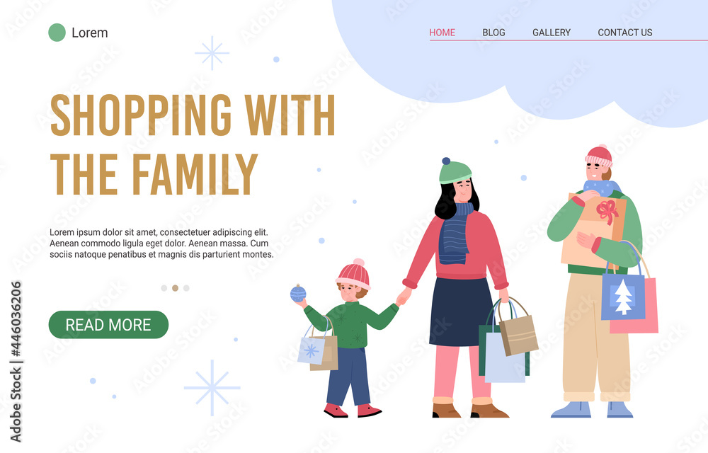 Web banner with happy family of shoppers with shopping bags full christmas gifts