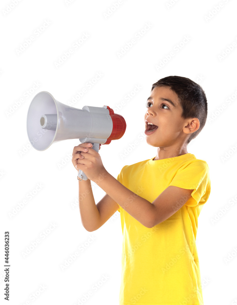 Adorable latin boy weraring a yellow t-shirt with a speaking with a megaphone Adorable latin boy weraring a yellow t-shirt with a speaking with a megaphone