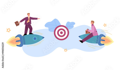 Two businessman fly in sky on fast rockets for success achieve of business target