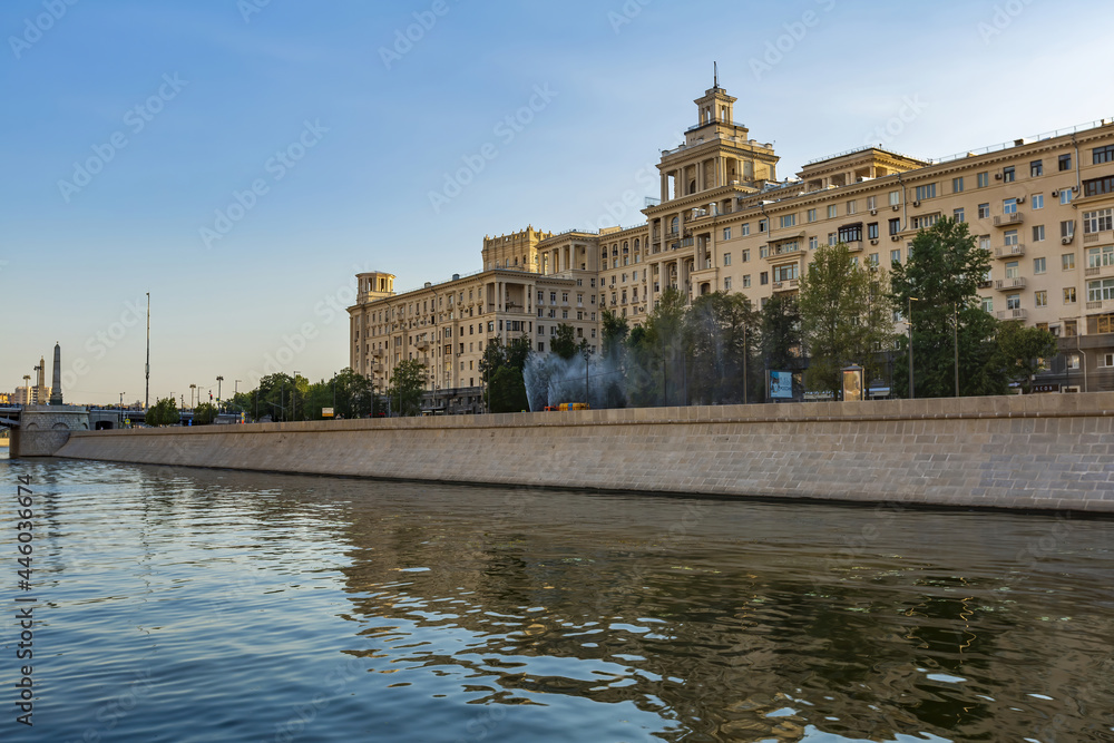 Moskva River and urban architecture of the capital downtown on a summer day. Moscow, Russia